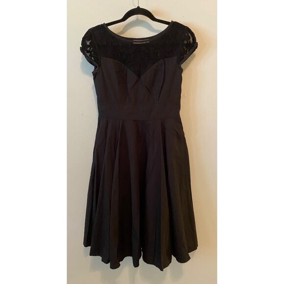eShakti Black Dress Lace Neck Line Fit Flare 36" Long Cotton Short Sleeve XS - Picture 2 of 11